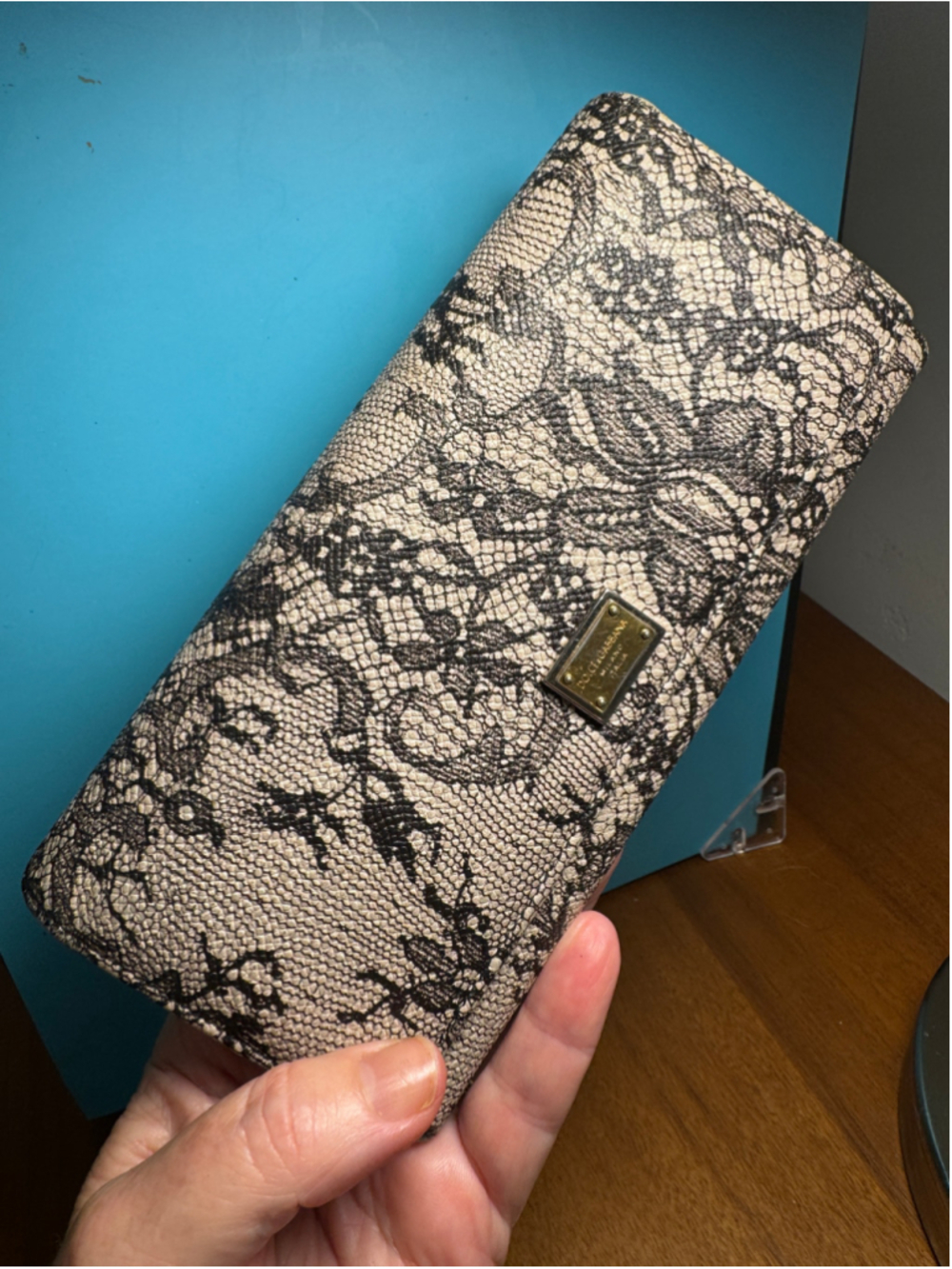 Dolce & Gabbana Lace Print Wallet, One Size, Beige and Black